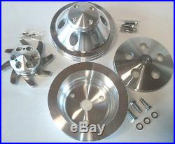 (POLISHED) Finish Aluminum Small Chevy SBC 2 Groove Long Pump Pulley Kit 350