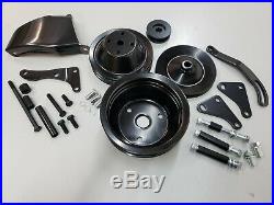 SB Chevy SBC Black Steel Long Water Pump Pulley Kit With Brackets 327 350 400 V8