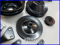 SB Chevy SBC Black Steel Long Water Pump Pulley Kit With Brackets 327 350 400 V8