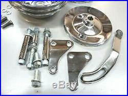 SB Chevy SBC Chrome Steel Long Water Pump Pulley Kit With Brackets 327 350 400 V8
