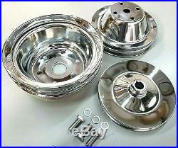 SBC Small Block Chevy 2 Groove Chrome Steel Long Water Pump Pulley Kit 327 350